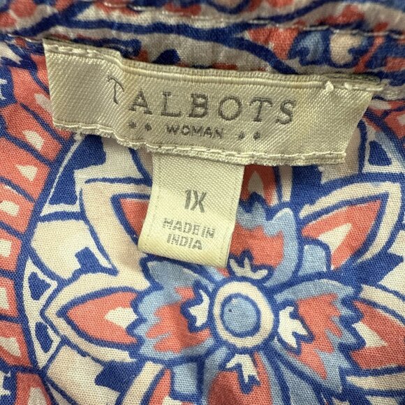 Talbots Women's Top Plus 1X Paisley Pink Blue Popover 3/4 Sleeves Cotton Light - Picture 3 of 9